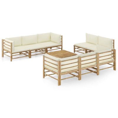 9 Piece Patio Lounge Set with Cream White Cushions Bamboo