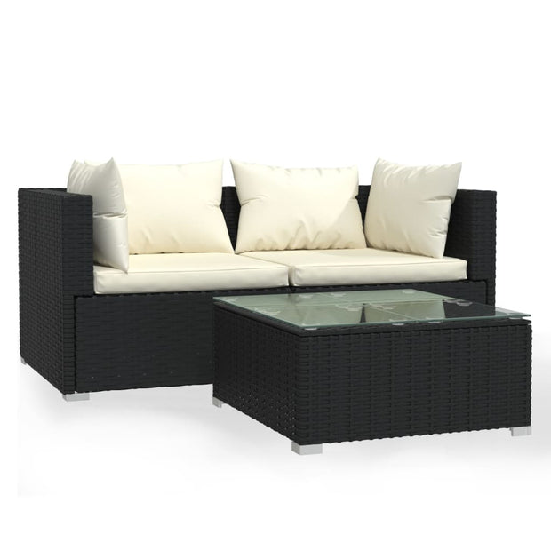 Patio Furniture Set 3 Piece with Cushions Black Poly Rattan