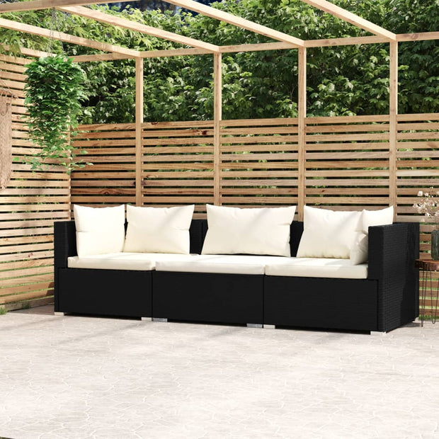 Wicker Patio Furniture 3 Piece with Cushions Black Poly Rattan