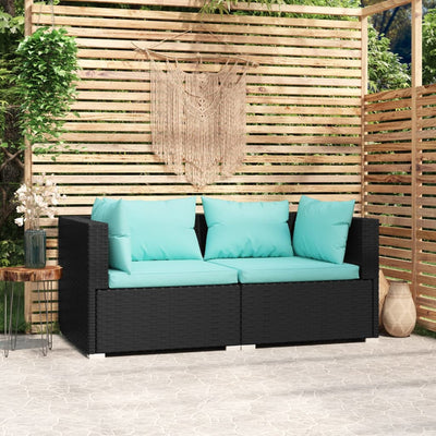 Patio Loveseat with Cushions Black Poly Rattan