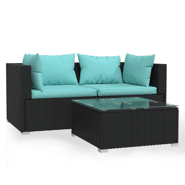 Patio Furniture Set 3 Piece with Cushions Black Poly Rattan