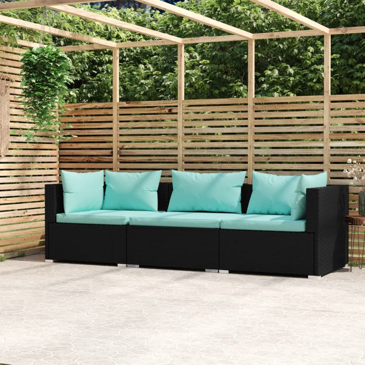 Wicker Patio Furniture 3 Piece with Cushions Black Poly Rattan