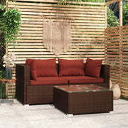 Patio Furniture Set 3 Piece with Cushions Brown Poly Rattan