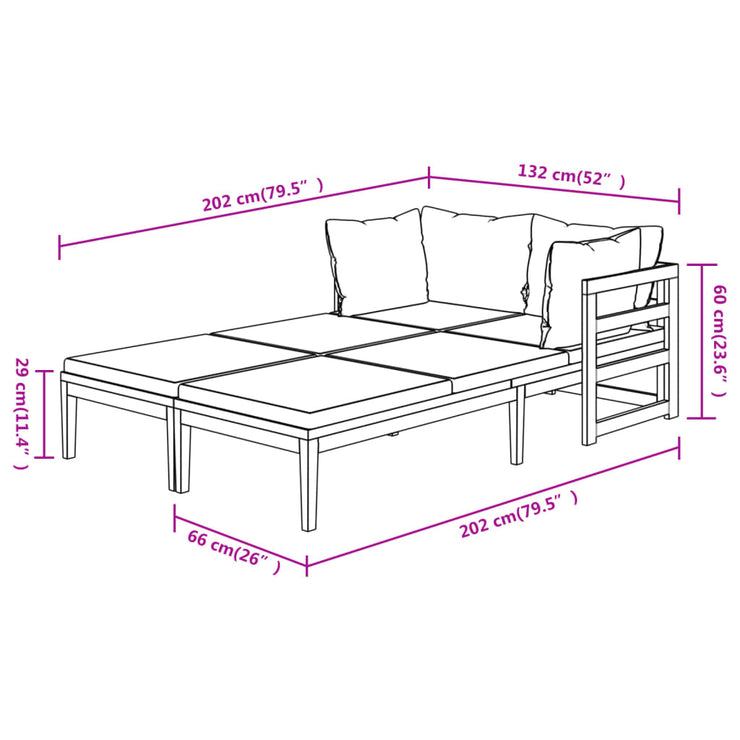 Sun Loungers with Cream White Cushions 2 pcs Acacia Wood