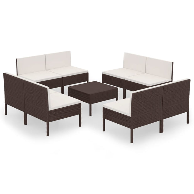 9 Piece Patio Lounge Set with Cushions Poly Rattan Brown