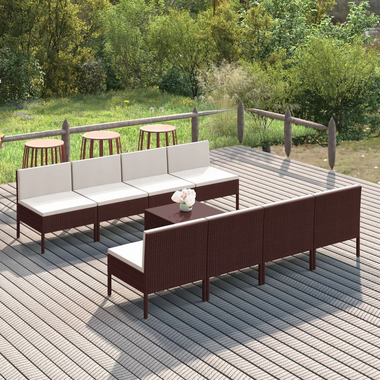 9 Piece Patio Lounge Set with Cushions Poly Rattan Brown