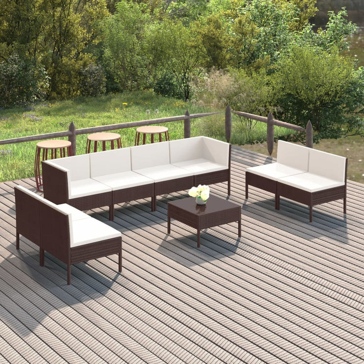 9 Piece Patio Lounge Set with Cushions Poly Rattan Brown