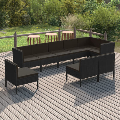 9 Piece Patio Lounge Set with Cushions Poly Rattan Black