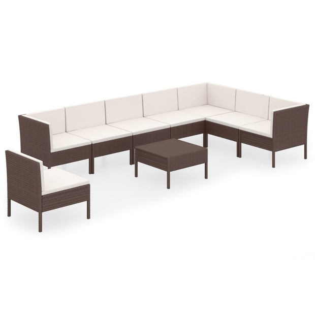 9 Piece Patio Lounge Set with Cushions Poly Rattan Brown