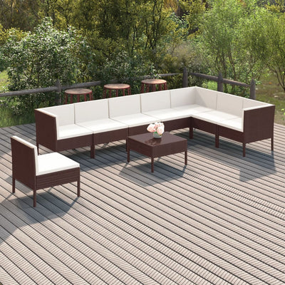 9 Piece Patio Lounge Set with Cushions Poly Rattan Brown