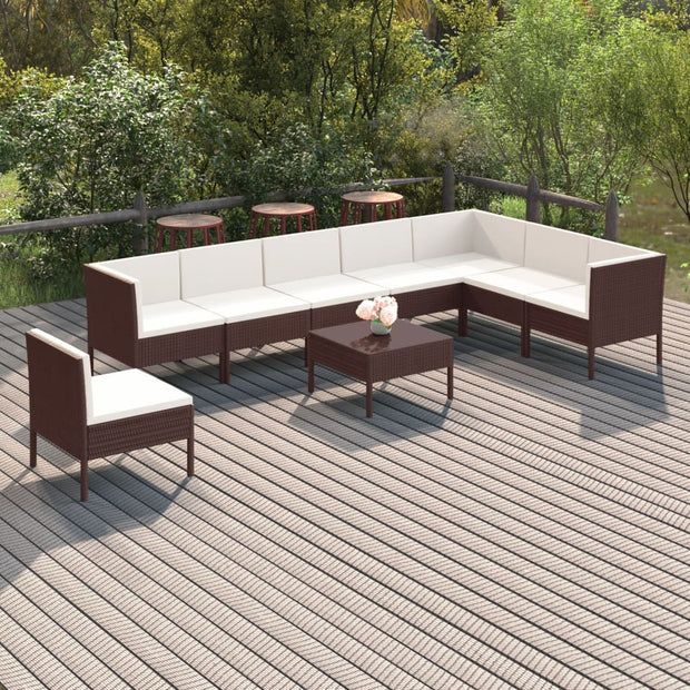 9 Piece Patio Lounge Set with Cushions Poly Rattan Brown