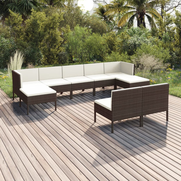 9 Piece Patio Lounge Set with Cushions Poly Rattan Brown