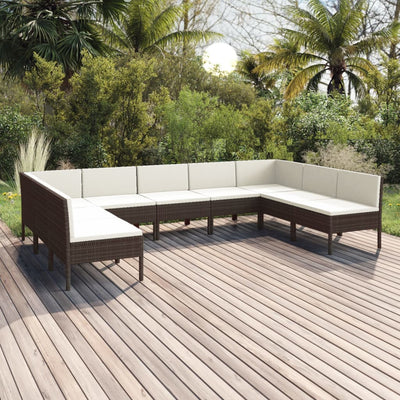 9 Piece Patio Lounge Set with Cushions Poly Rattan Brown