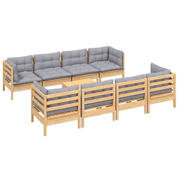 9 Piece Patio Lounge Set with Gray Cushions Solid Pinewood