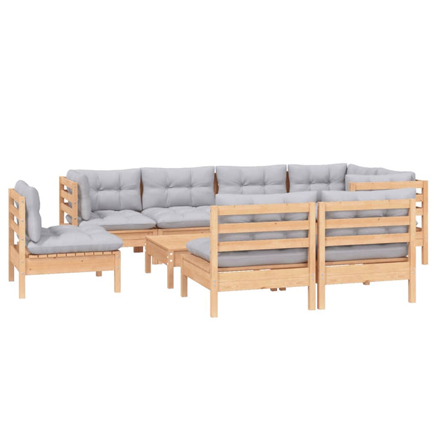 9 Piece Patio Lounge Set with Gray Cushions Solid Pinewood