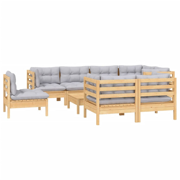 9 Piece Patio Lounge Set with Gray Cushions Solid Pinewood