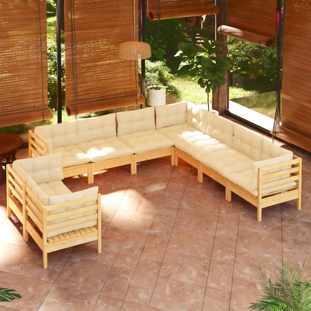 9 Piece Patio Lounge Set with Cream Cushions Solid Pinewood