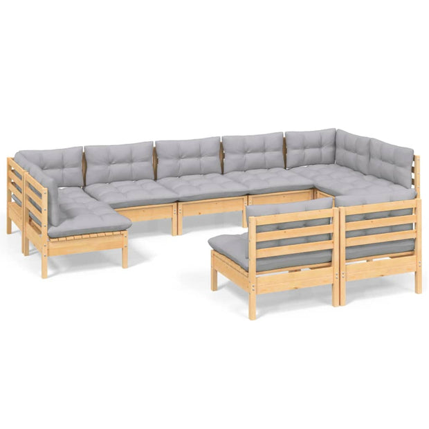 9 Piece Patio Lounge Set with Gray Cushions Solid Pinewood