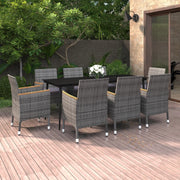 9 Piece Patio Dining Set with Cushions Poly Rattan and Glass