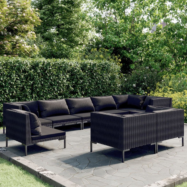 9 Piece Patio Lounge Set with Cushions Round Rattan Dark Gray