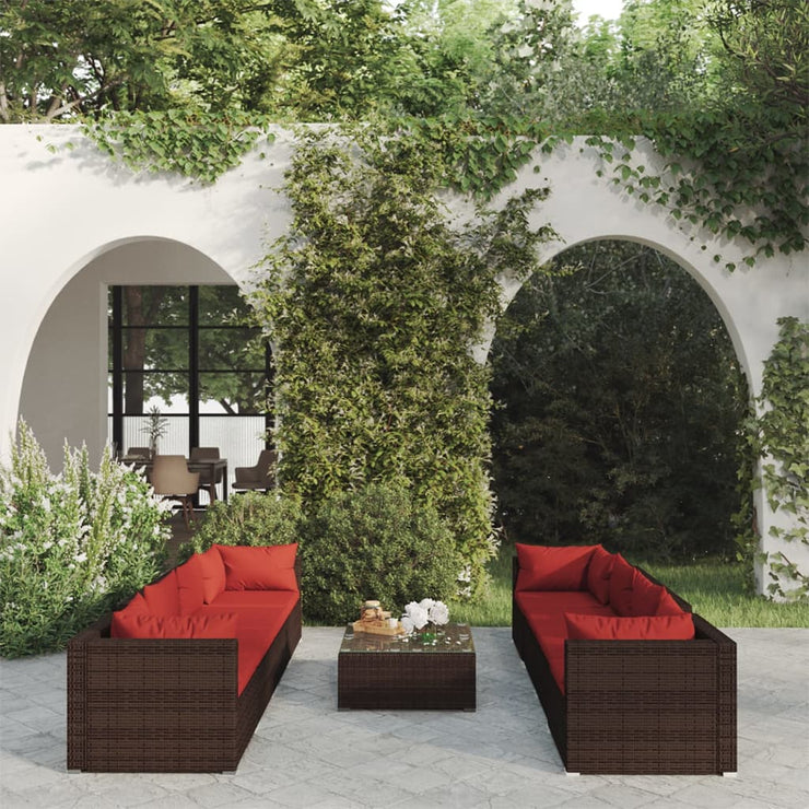 9 Piece Patio Lounge Set with Cushions Poly Rattan Brown