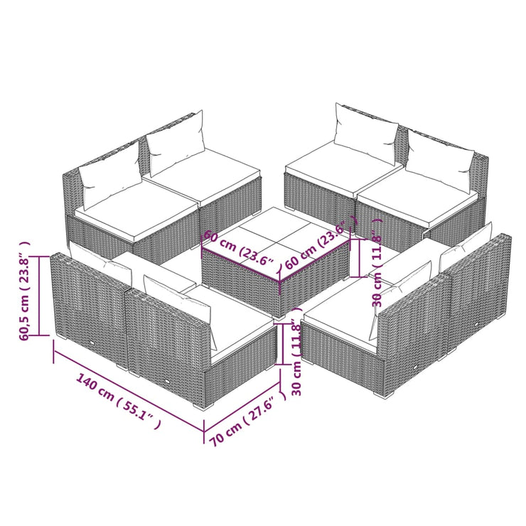 9 Piece Patio Lounge Set with Cushions Poly Rattan Brown