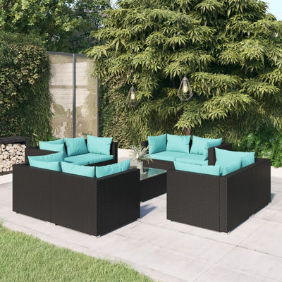 9 Piece Patio Lounge Set with Cushions Poly Rattan Black