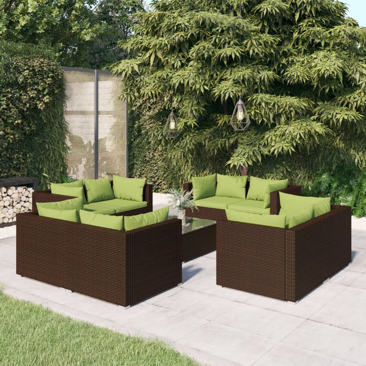 9 Piece Patio Lounge Set with Cushions Poly Rattan Brown