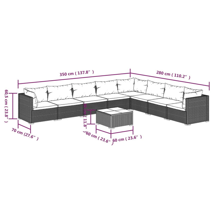 9 Piece Patio Lounge Set with Cushions Poly Rattan Gray