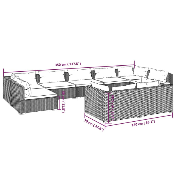 9 Piece Patio Lounge Set with Cushions Gray Poly Rattan