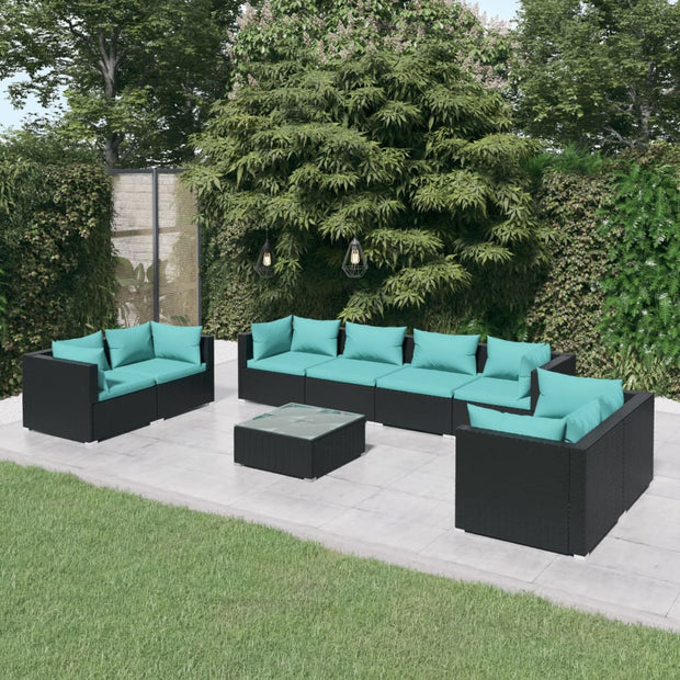 9 Piece Patio Lounge Set with Cushions Poly Rattan Black