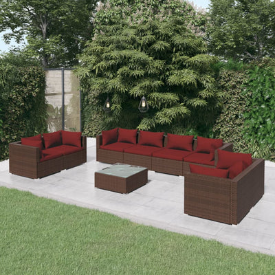 9 Piece Patio Lounge Set with Cushions Poly Rattan Brown