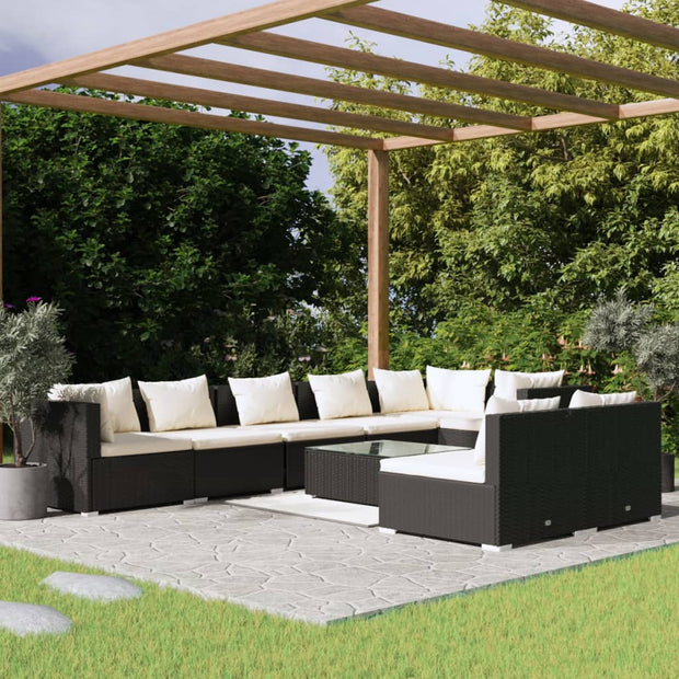 9 Piece Patio Lounge Set with Cushions Black Poly Rattan