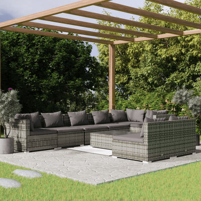 9 Piece Patio Lounge Set with Cushions Gray Poly Rattan