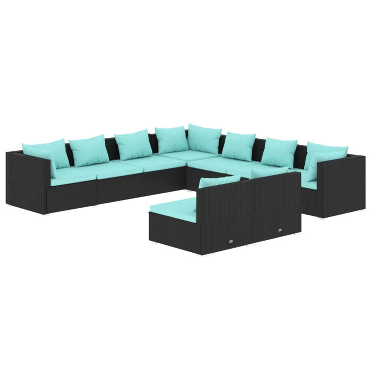 9 Piece Patio Lounge Set with Cushions Black Poly Rattan