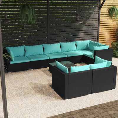 9 Piece Patio Lounge Set with Cushions Black Poly Rattan