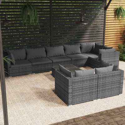 9 Piece Patio Lounge Set with Cushions Gray Poly Rattan