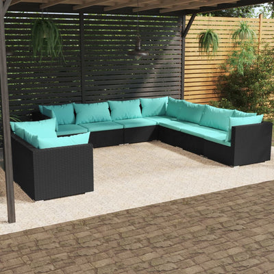 9 Piece Patio Lounge Set with Cushions Black Poly Rattan