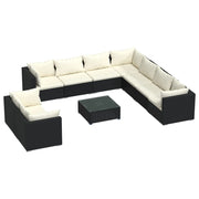 10 Piece Garden Lounge Set with Cushions Black Poly Rattan