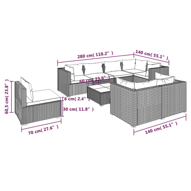 9 Piece Patio Lounge Set with Cushions Poly Rattan Brown