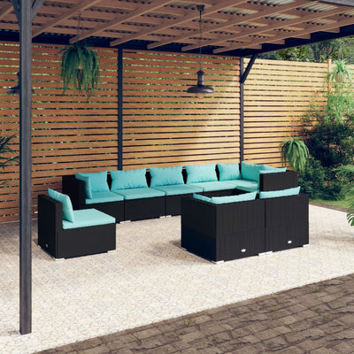 9 Piece Patio Lounge Set with Cushions Poly Rattan Black