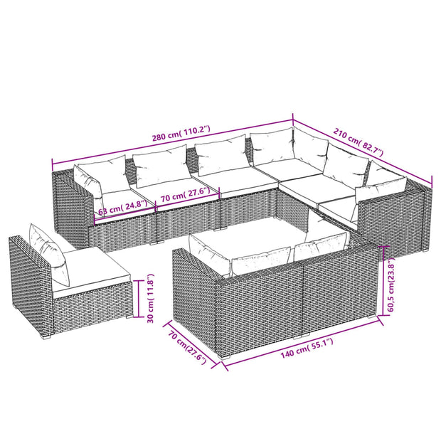 9 Piece Patio Lounge Set with Cushions Poly Rattan Brown