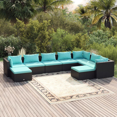 9 Piece Patio Lounge Set with Cushions Poly Rattan Black