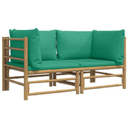 Patio Corner Sofas with Green Cushions 2 pcs Bamboo