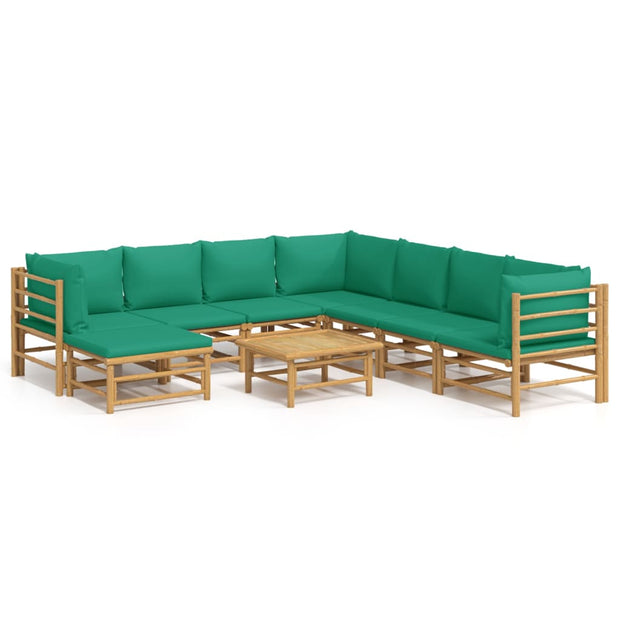 9 Piece Patio Lounge Set with Green Cushions Bamboo