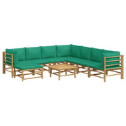 9 Piece Patio Lounge Set with Green Cushions Bamboo