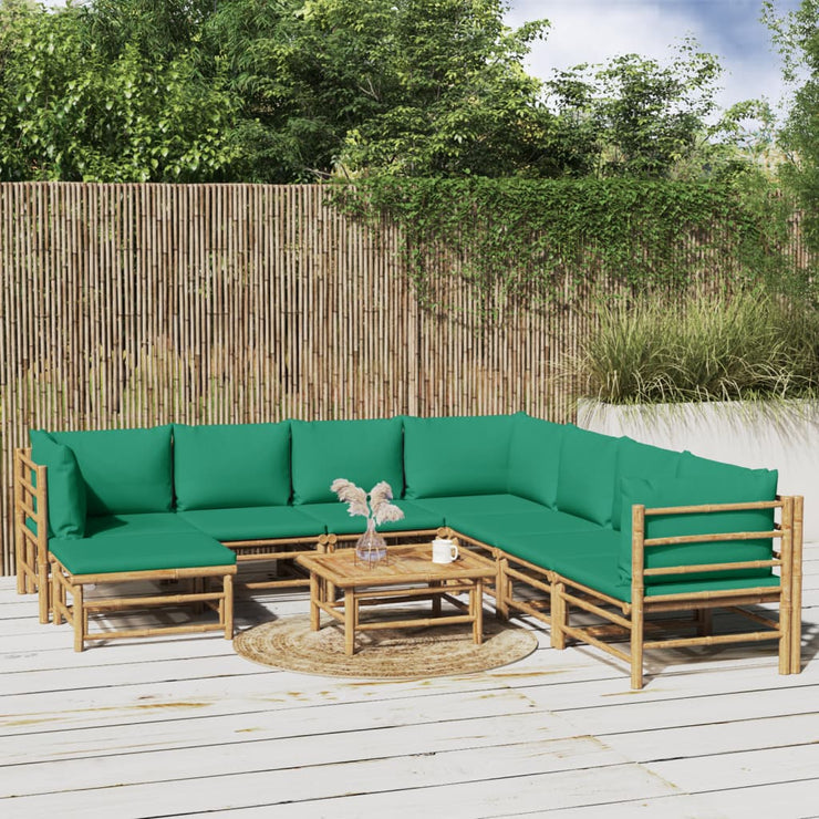 9 Piece Patio Lounge Set with Green Cushions Bamboo