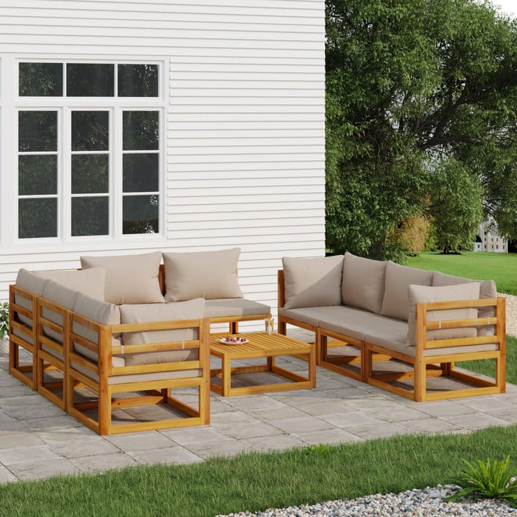 9 Piece Patio Lounge Set with Taupe Cushions Solid Wood