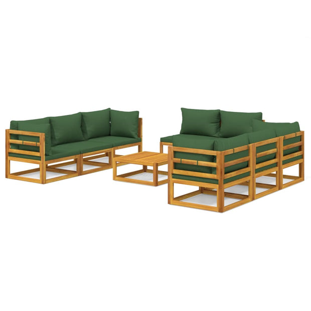 9 Piece Patio Lounge Set with Green Cushions Solid Wood