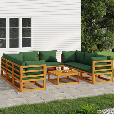 9 Piece Patio Lounge Set with Green Cushions Solid Wood